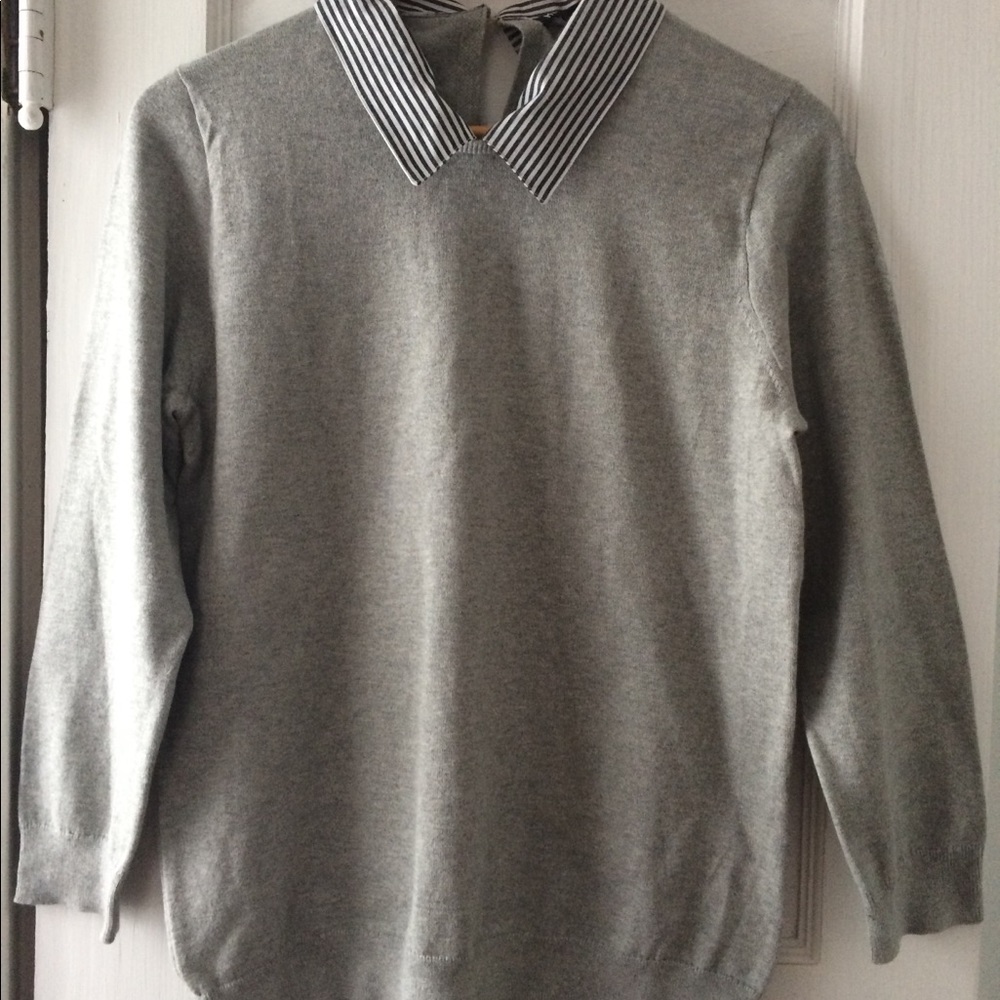 J. Crew gray sweater with attached shirt collar.
